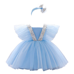 Girls Blue Square Neck Flared Sleeves Bow Layered Balloon Dress
