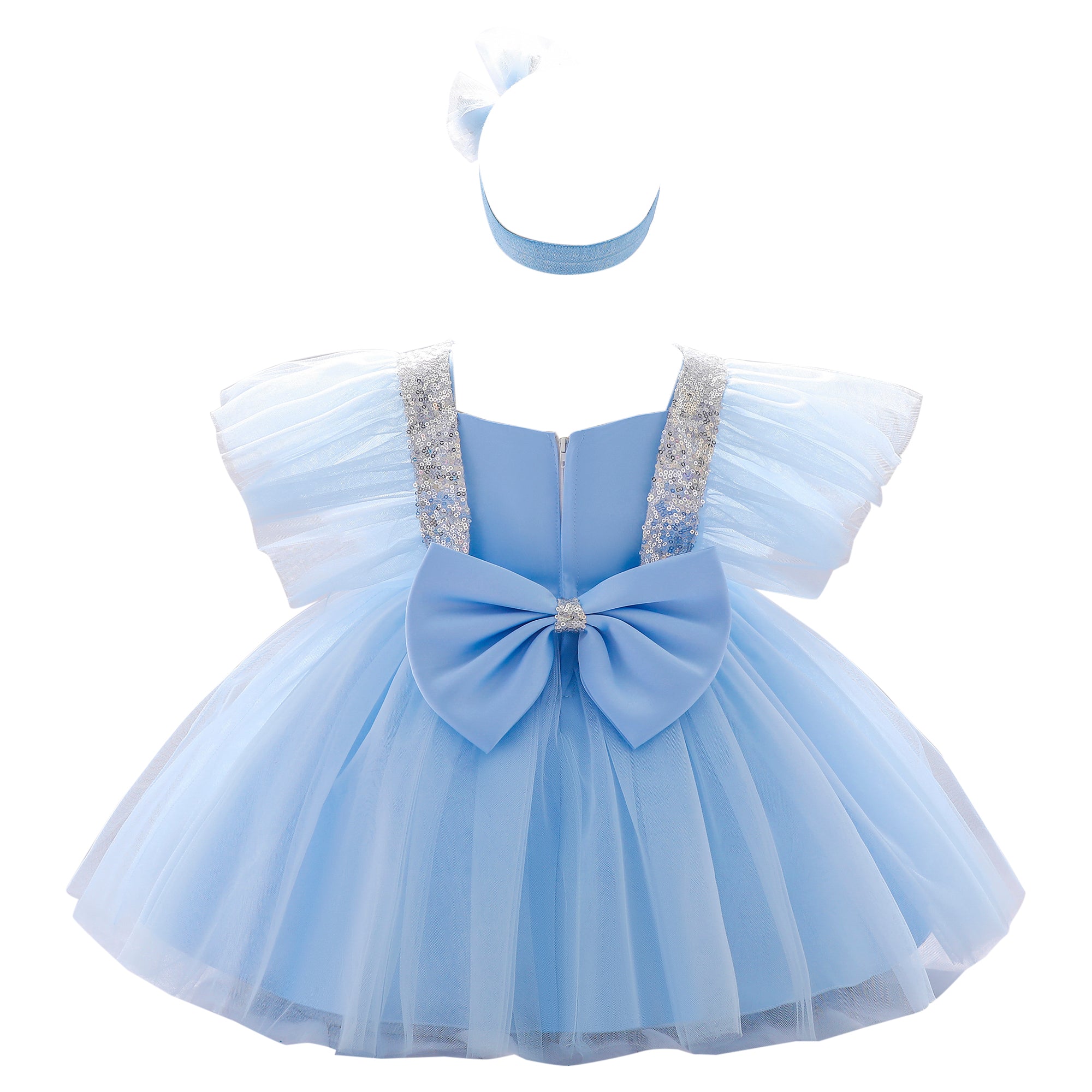 Girls Blue Square Neck Flared Sleeves Bow Layered Balloon Dress