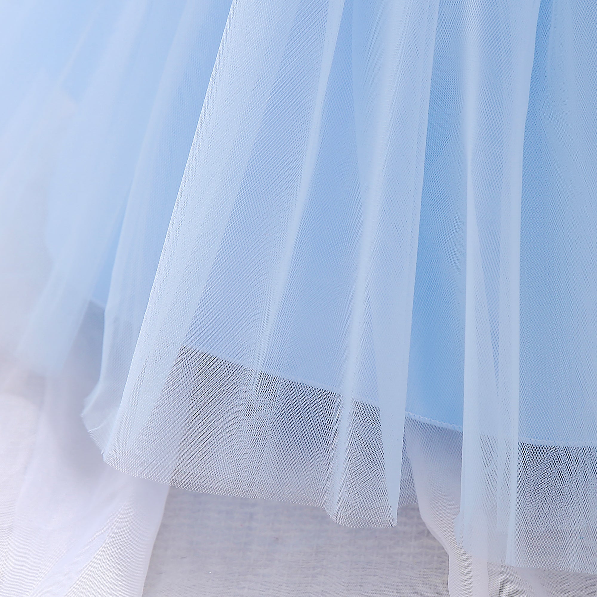Girls Blue Square Neck Flared Sleeves Bow Layered Balloon Dress