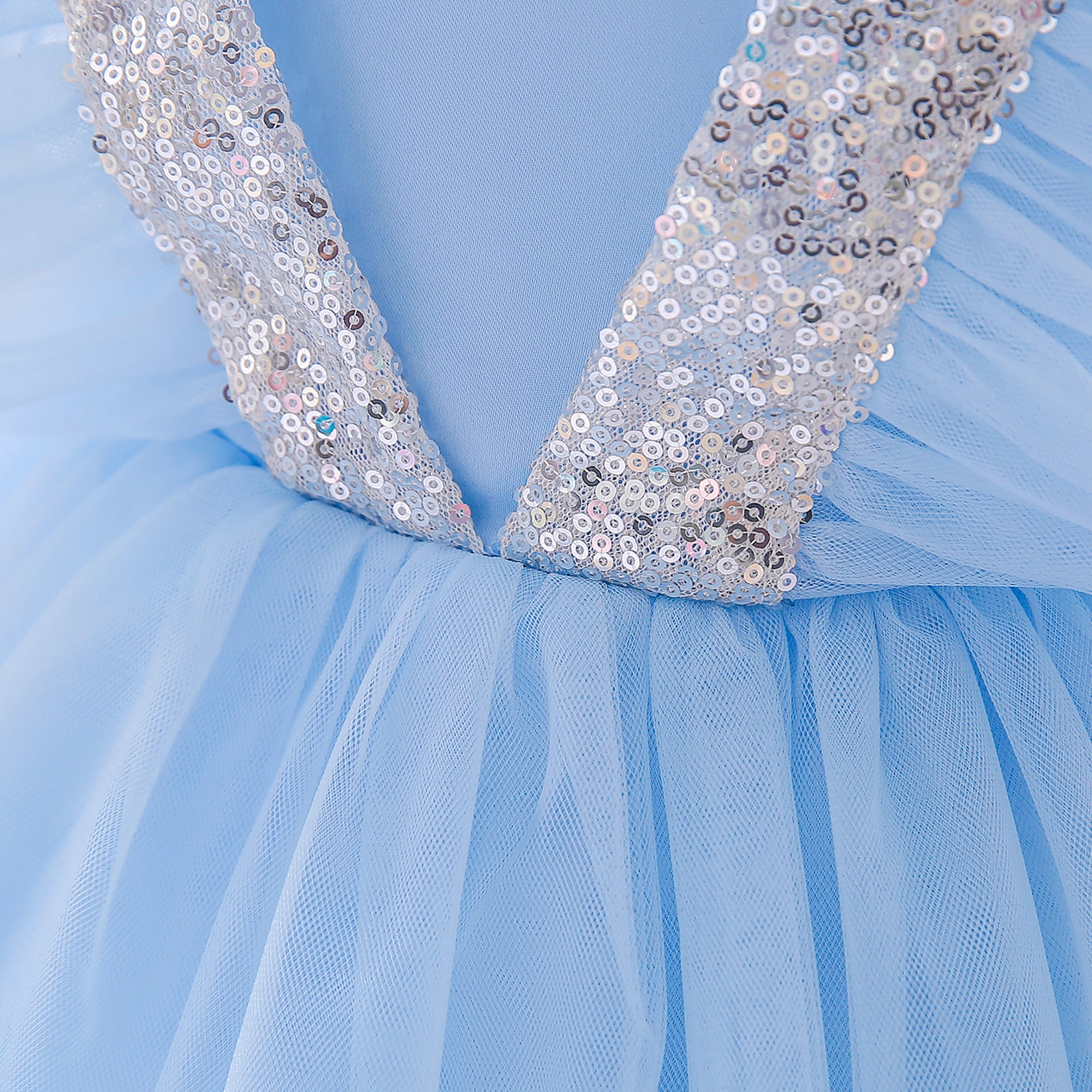 Girls Blue Square Neck Flared Sleeves Bow Layered Balloon Dress
