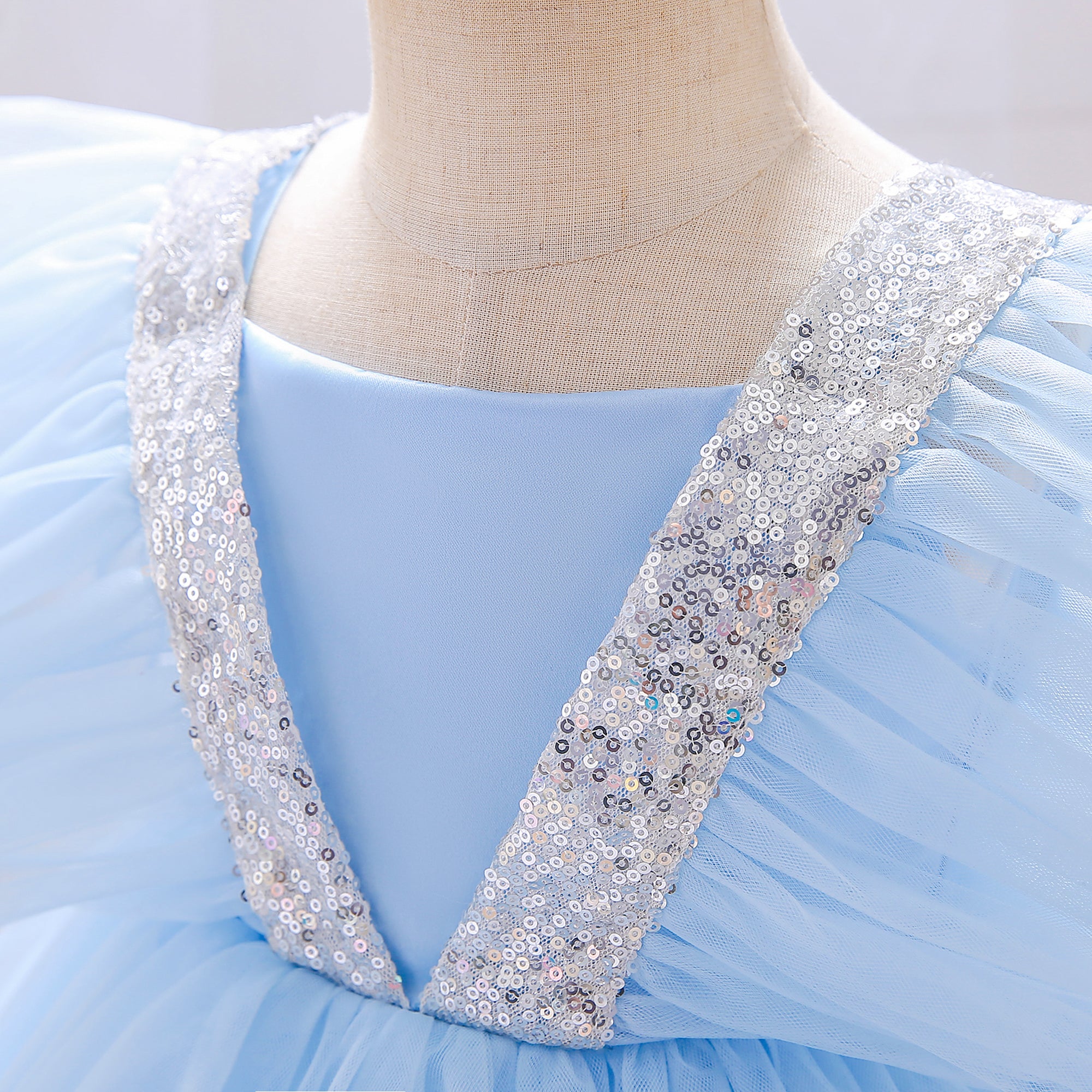 Girls Blue Square Neck Flared Sleeves Bow Layered Balloon Dress