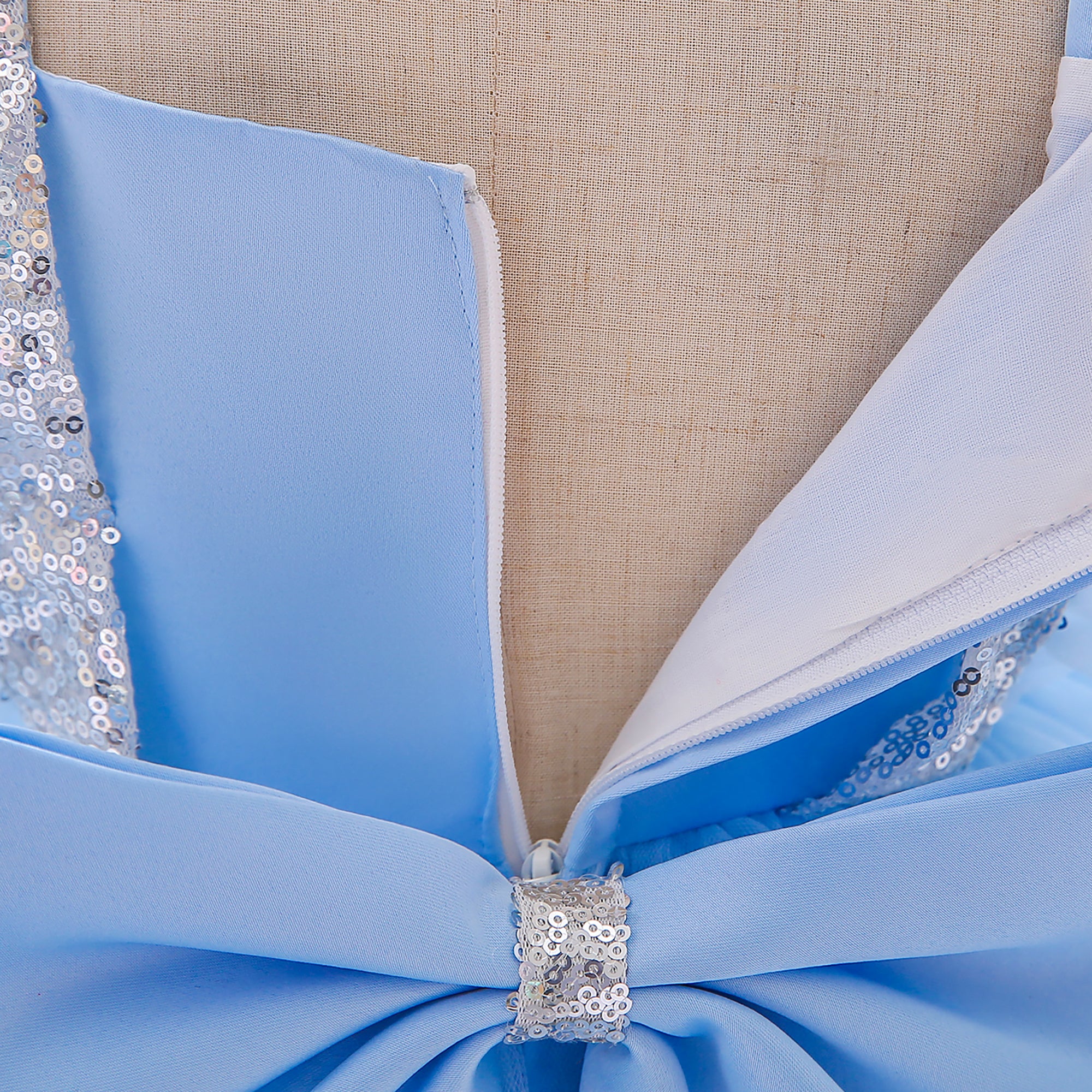 Girls Blue Square Neck Flared Sleeves Bow Layered Balloon Dress