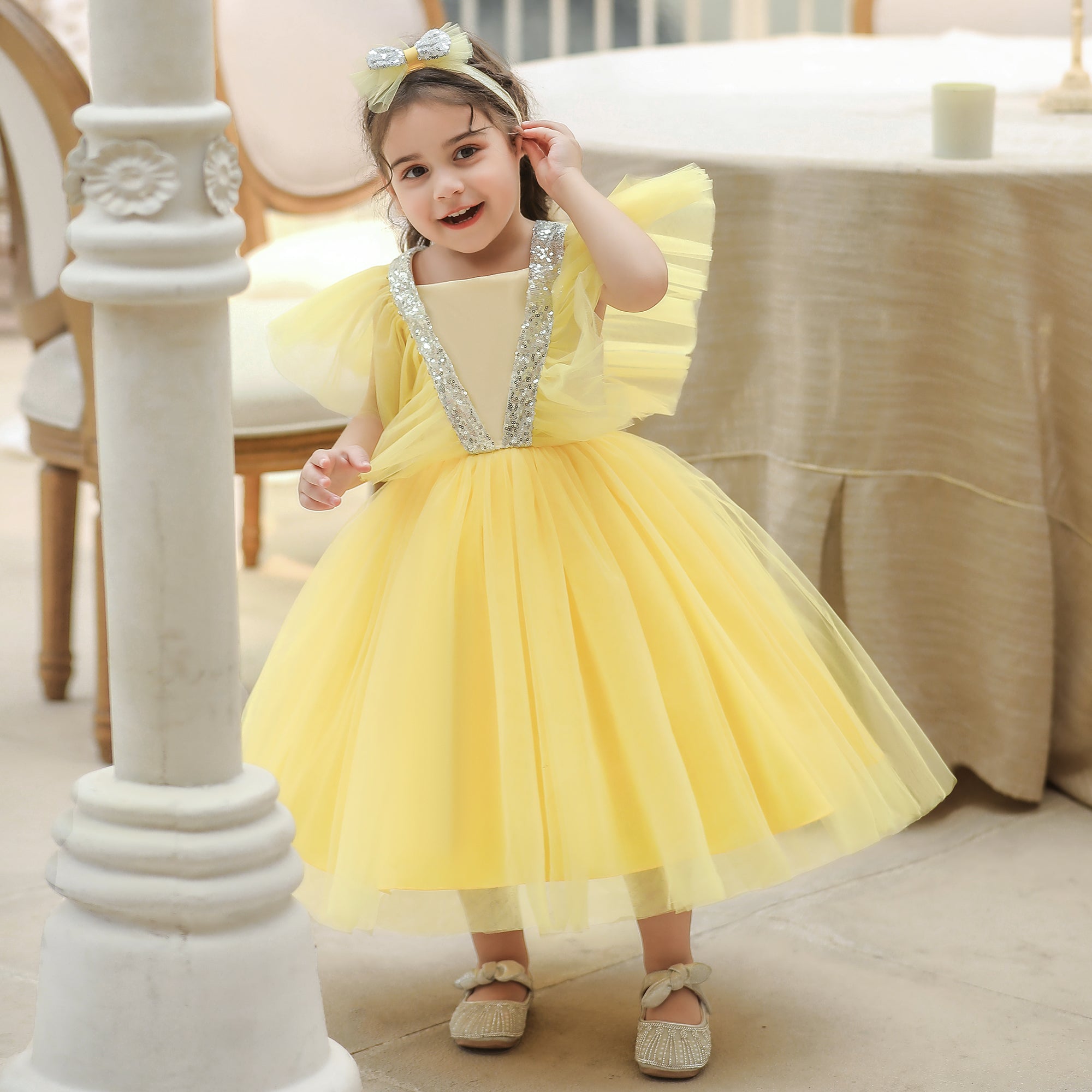 Girls Yellow Frills Fit & Flare Dress