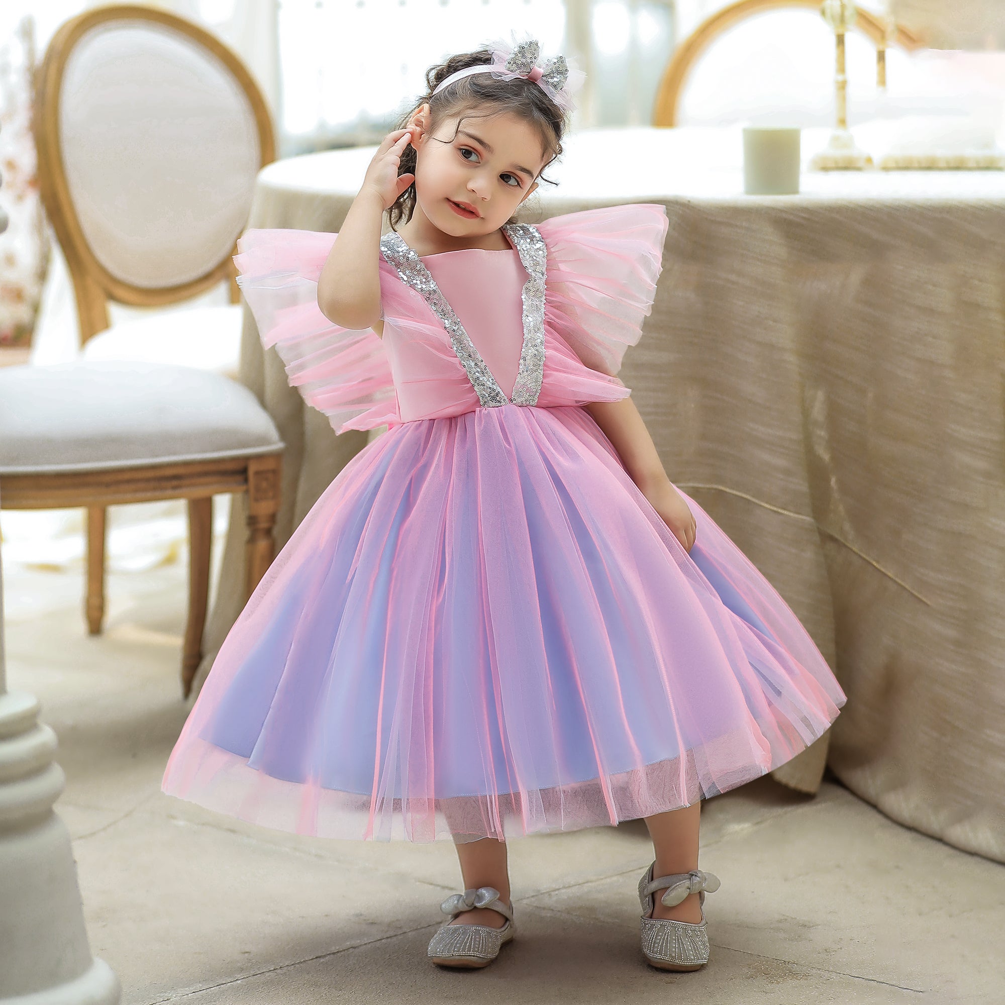 Girls Purple Ruffles Layered Fit and Flare Maxi Dress