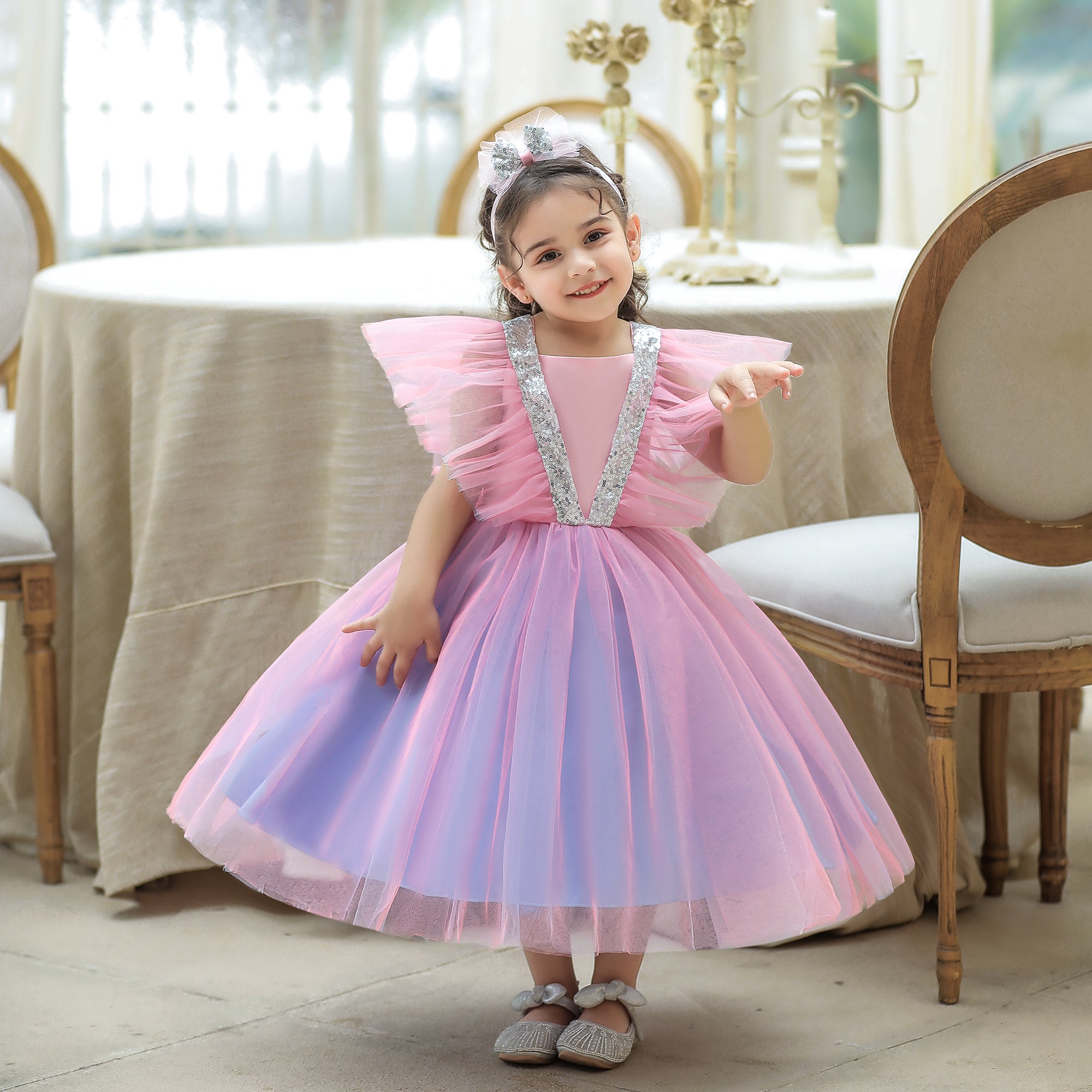 Girls Purple Ruffles Layered Fit and Flare Maxi Dress