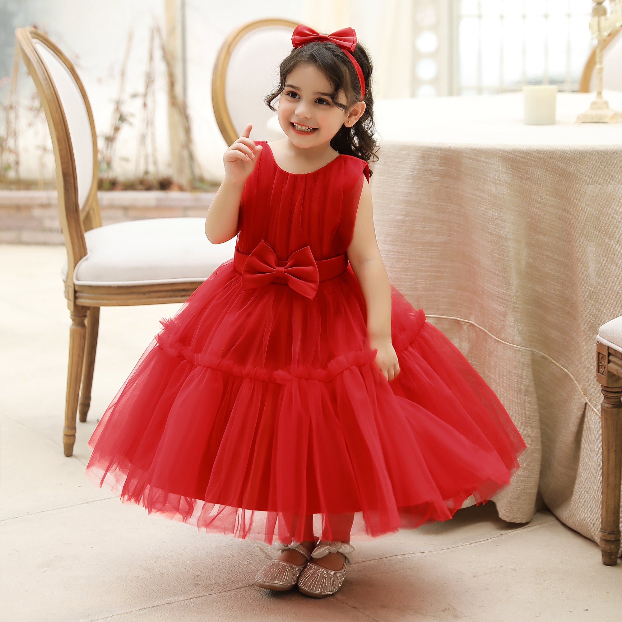 Girls Red Ruffled Fit & Flare Maxi Dress