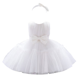 Girls White Round Neck Ruffled Net Fit & Flare Dress