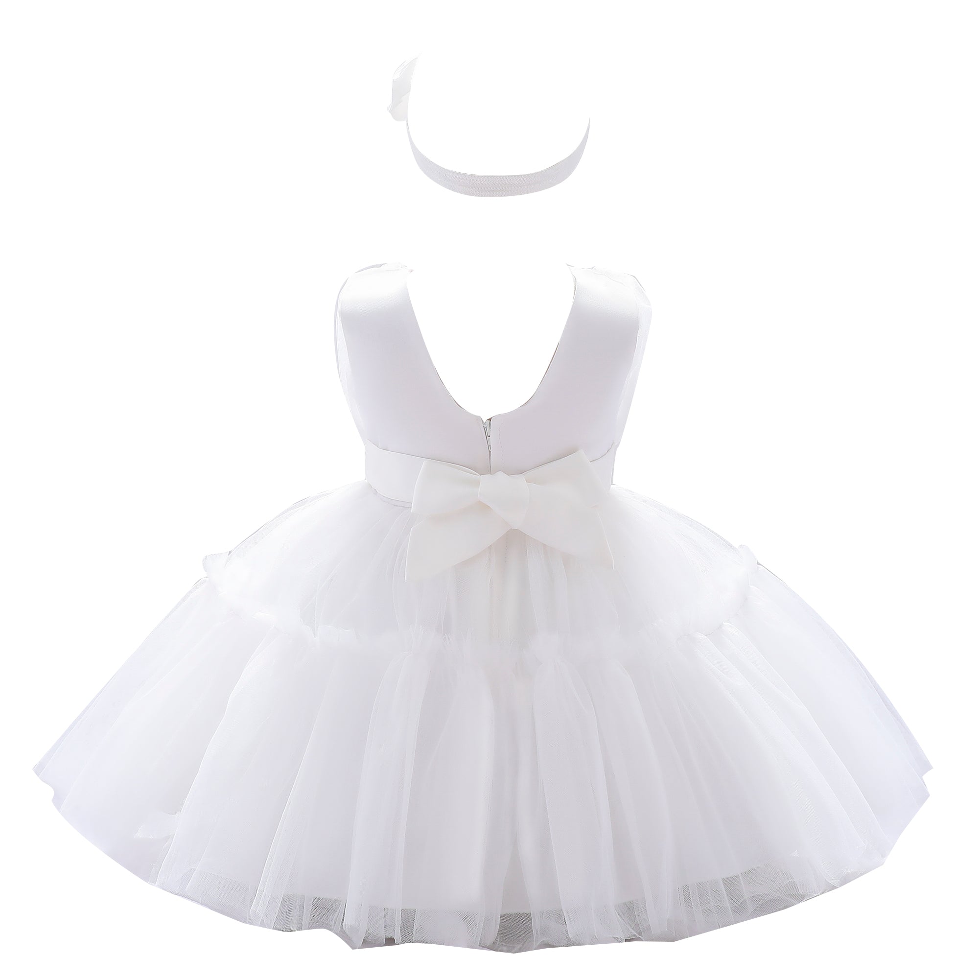 Girls White Round Neck Ruffled Net Fit & Flare Dress