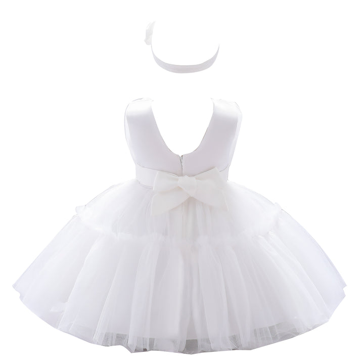Girls White Round Neck Ruffled Net Fit & Flare Dress