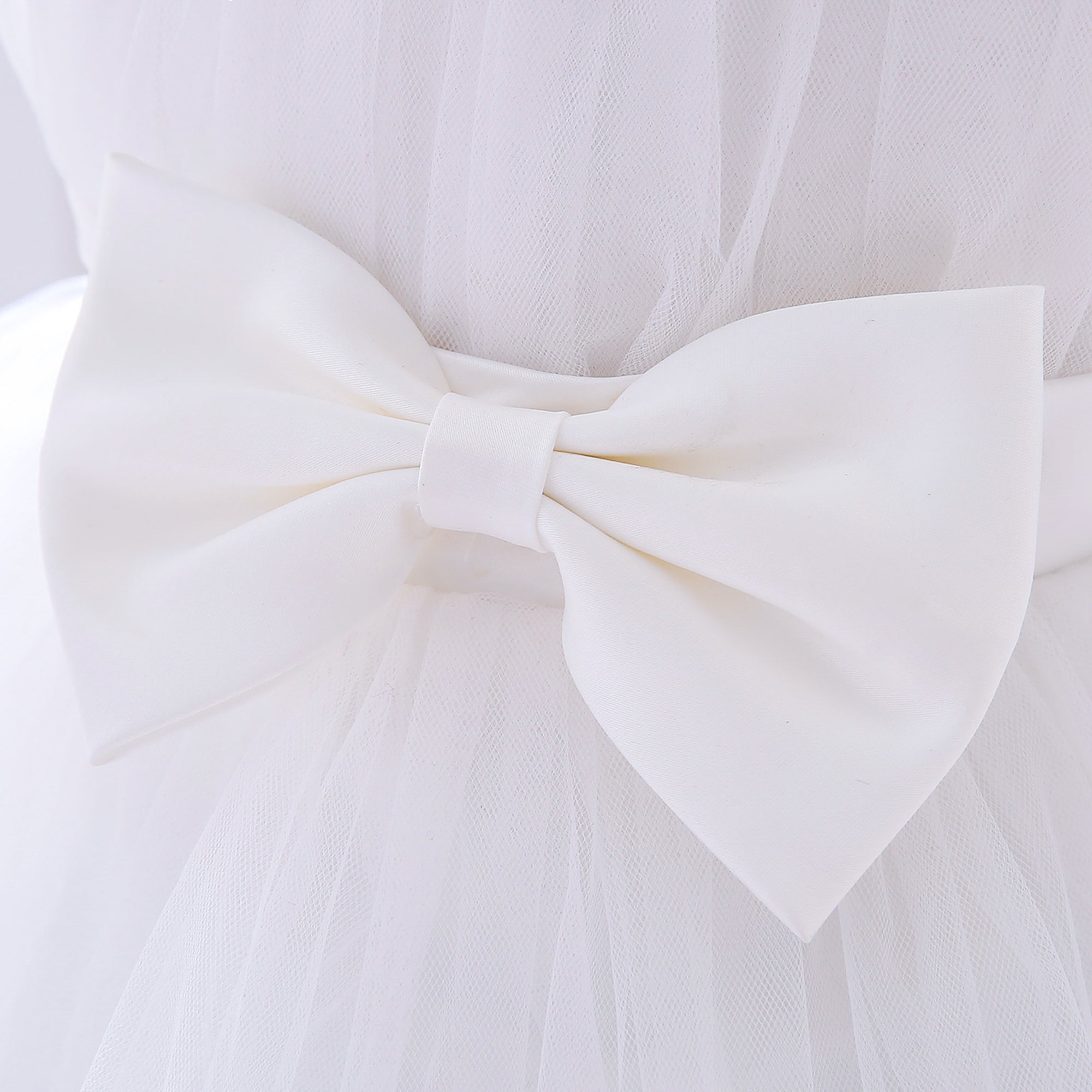 Girls White Round Neck Ruffled Net Fit & Flare Dress