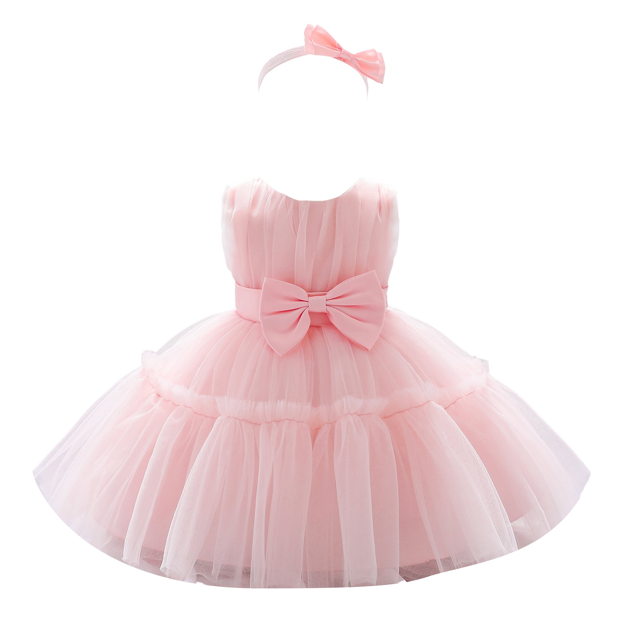 Pink Girls Round Neck Bow Fit & Flare Midi Dress