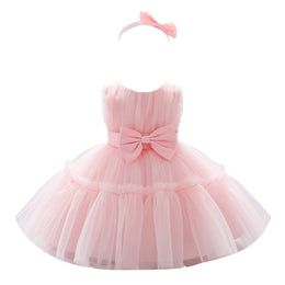 Pink Girls Round Neck Bow Fit & Flare Midi Dress