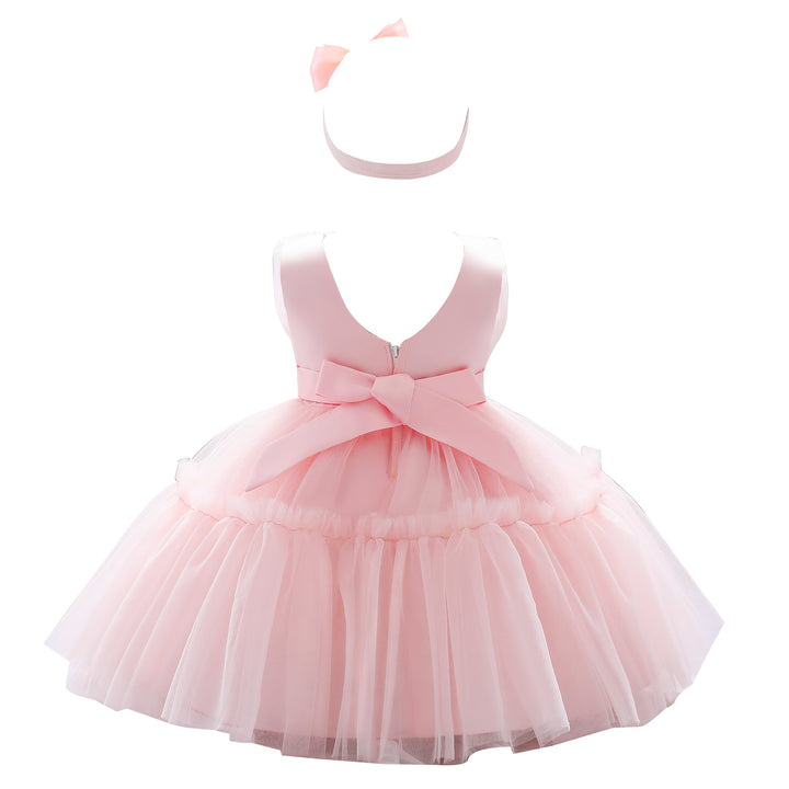 Pink Girls Round Neck Bow Fit & Flare Midi Dress