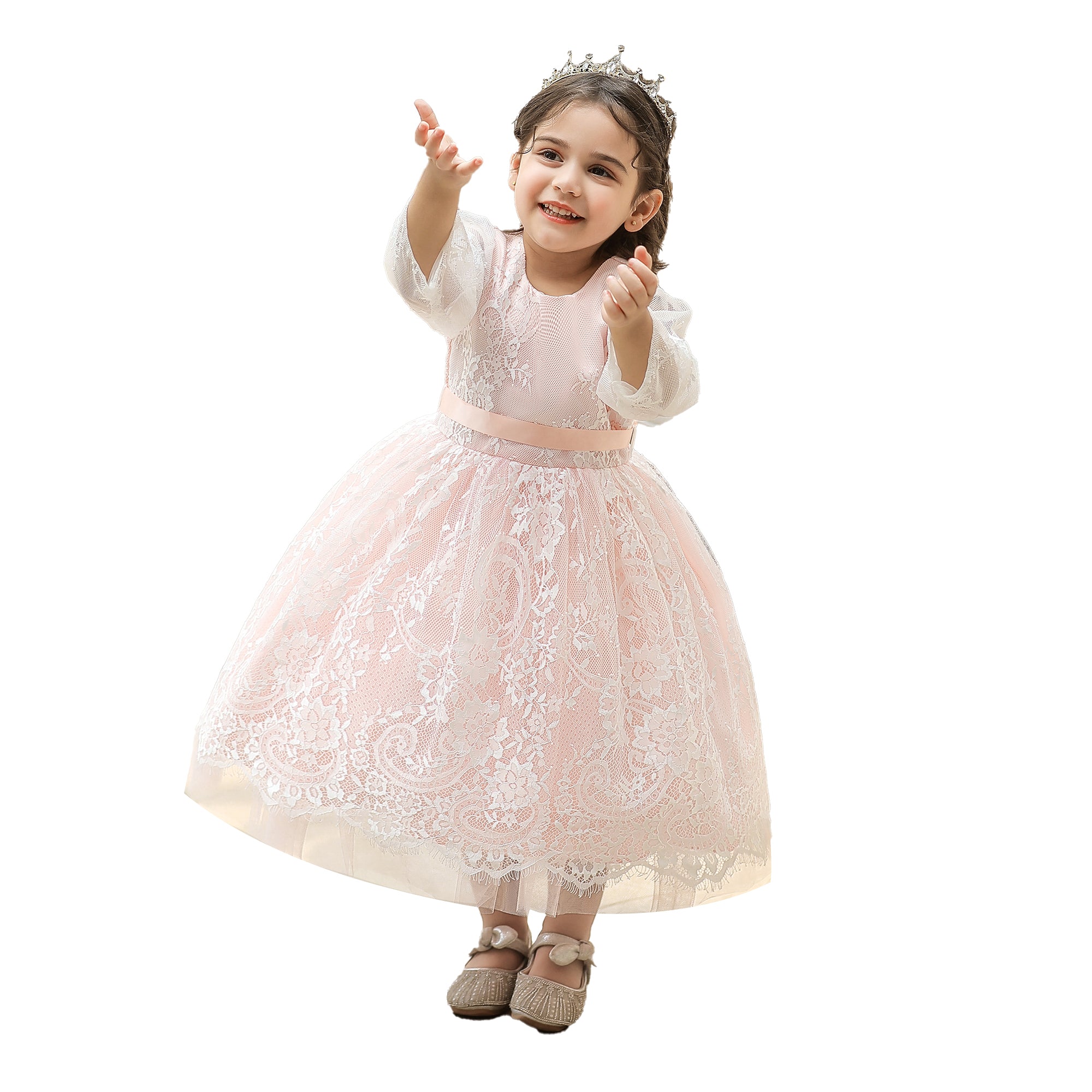 Girls Pink Self Design Gathered Cotton Balloon Midi Dress