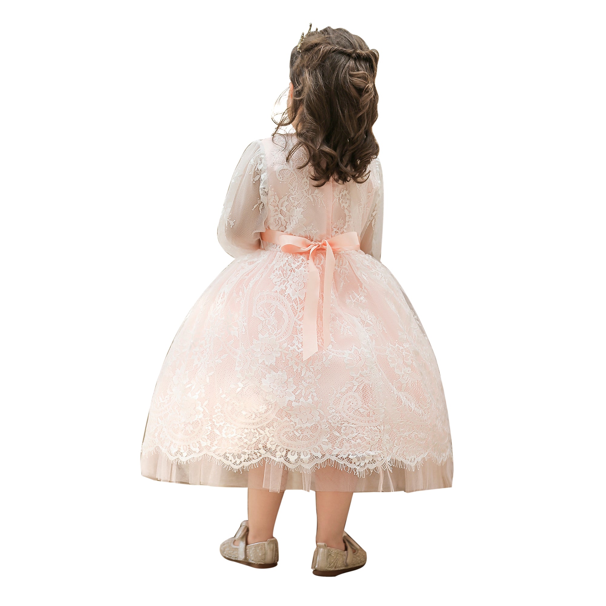 Girls Pink Self Design Gathered Cotton Balloon Midi Dress