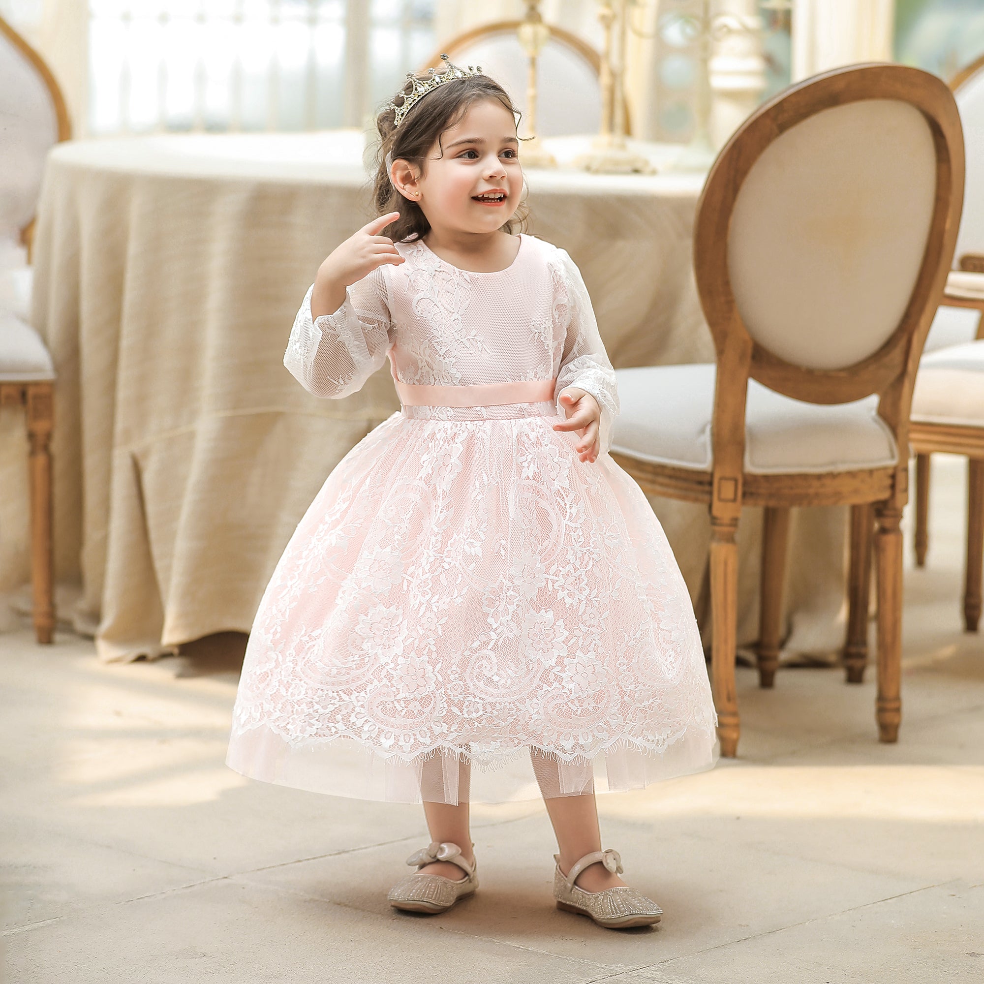 Girls Pink Self Design Gathered Cotton Balloon Midi Dress