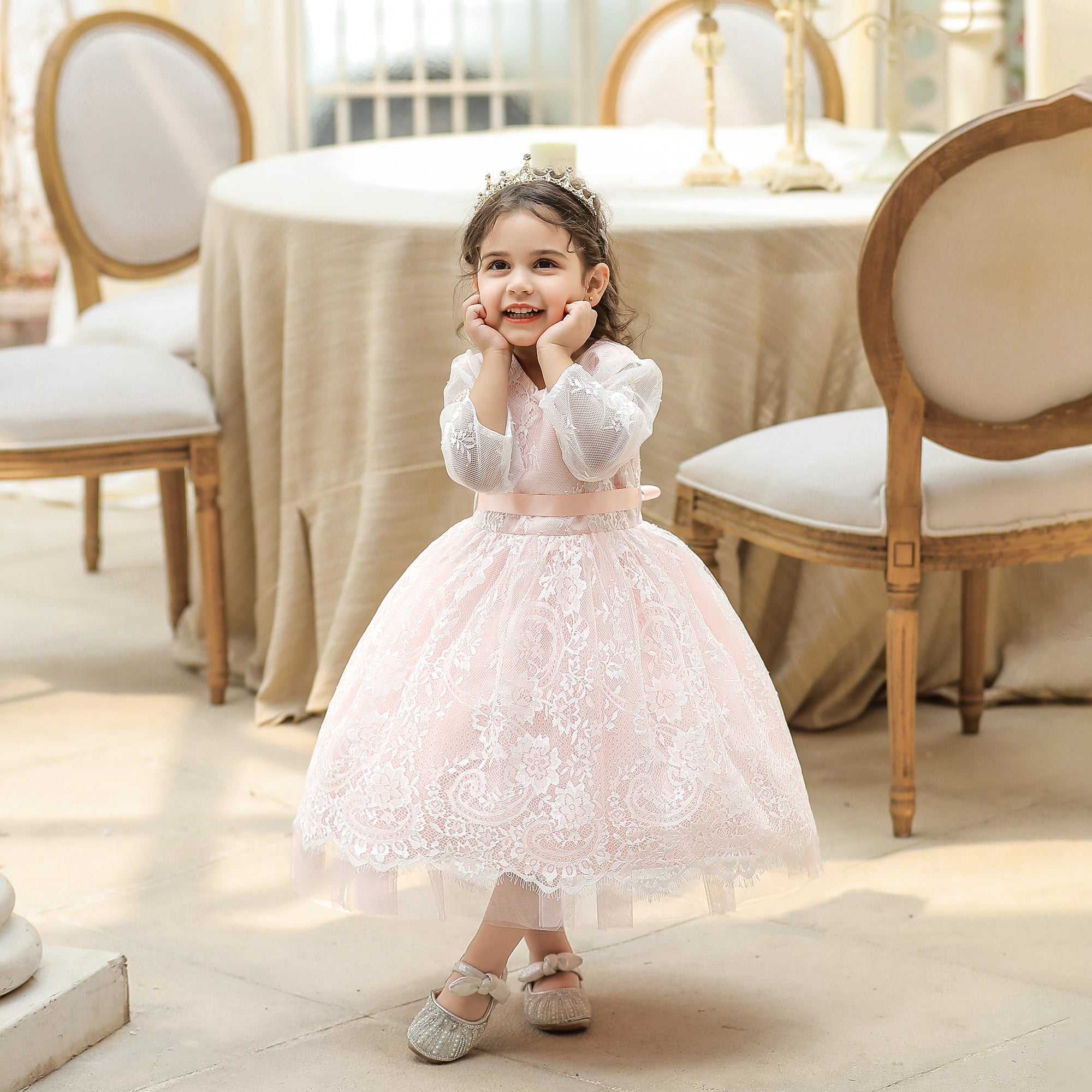 Girls Pink Self Design Gathered Cotton Balloon Midi Dress