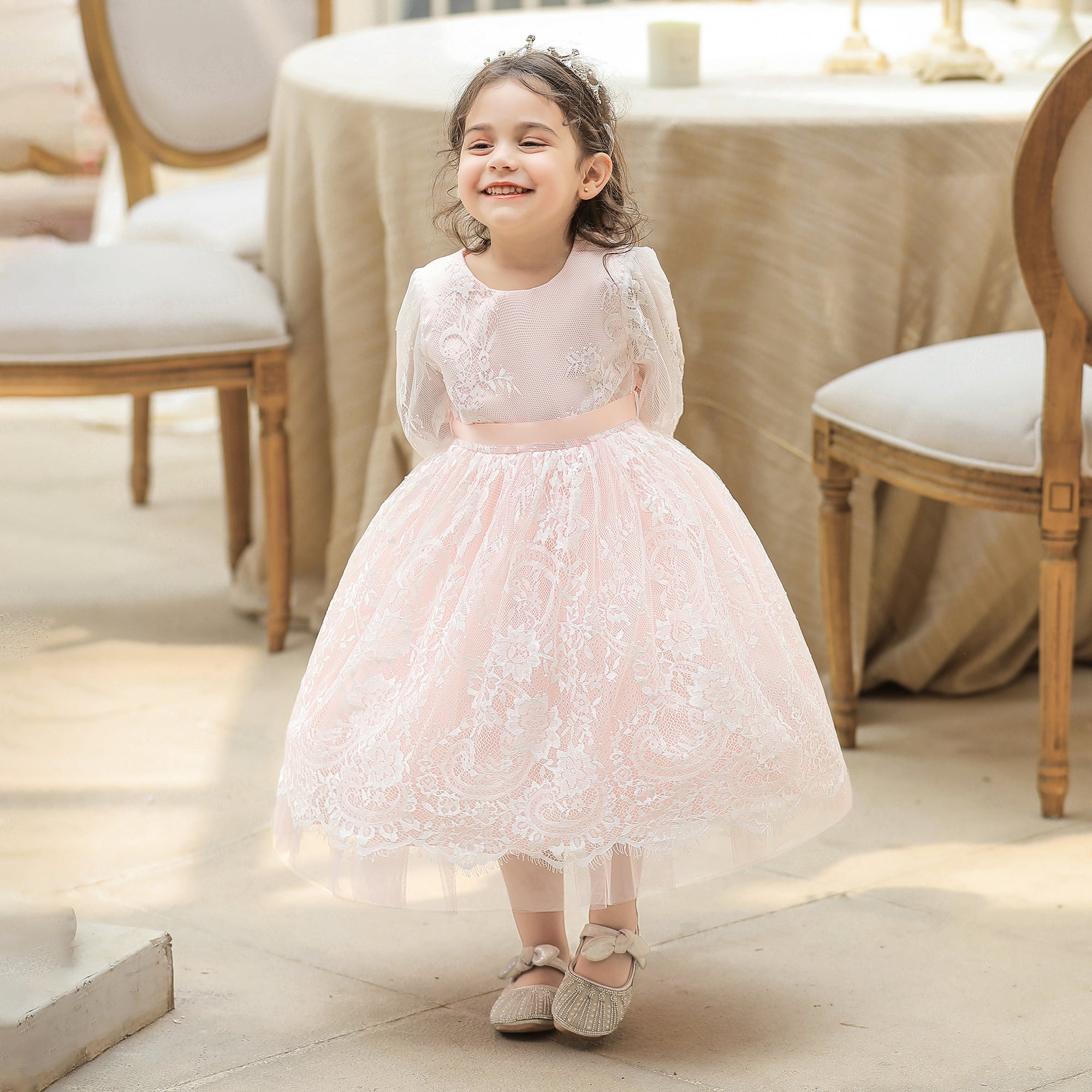 Girls Pink Self Design Gathered Cotton Balloon Midi Dress