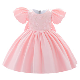 Girls Pink Floral Embroidered Puff Sleeve Bow Detailed Fit & Flare Dress
