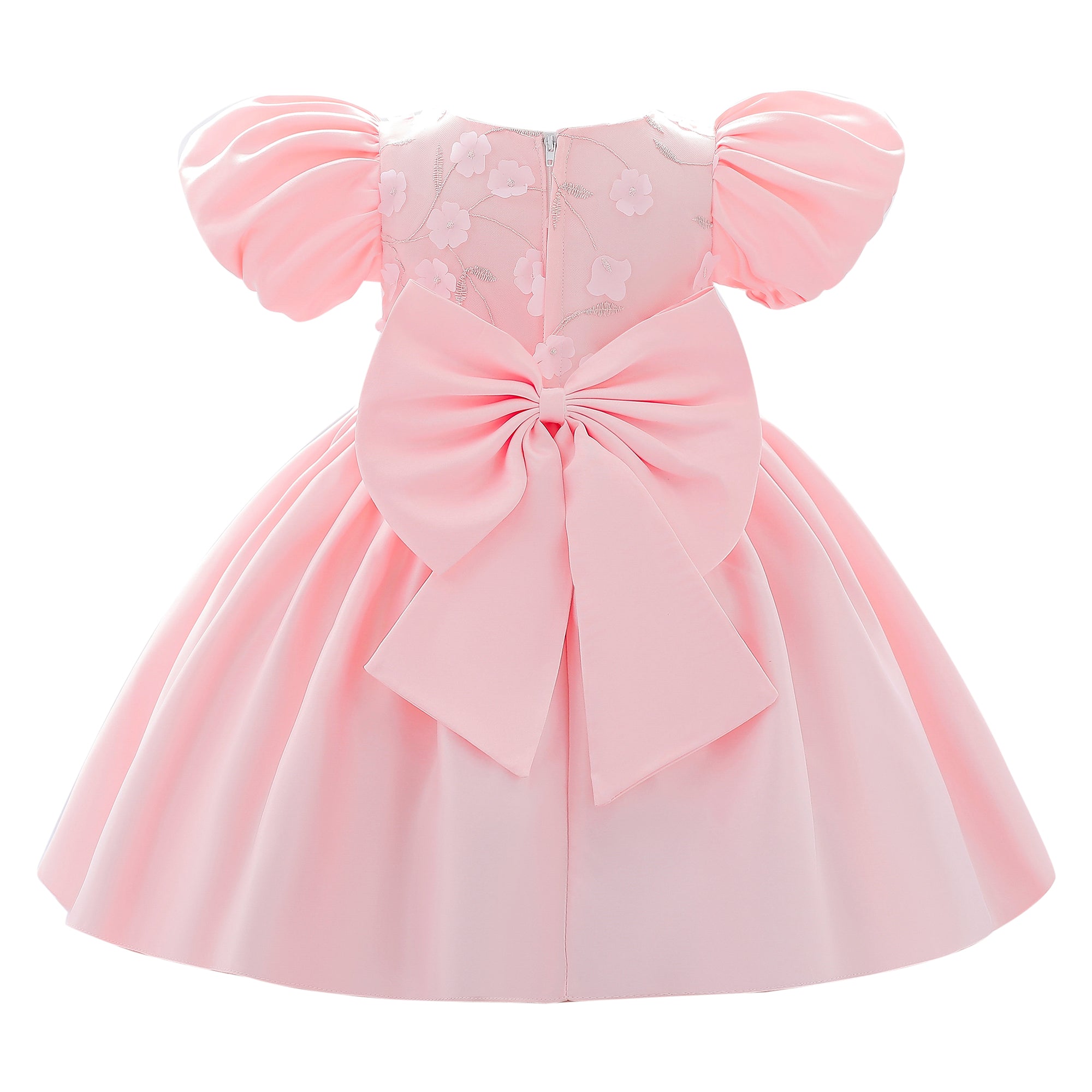 Girls Pink Floral Embroidered Puff Sleeve Bow Detailed Fit & Flare Dress