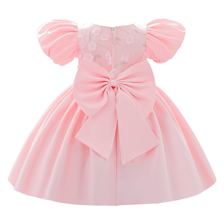 Girls Pink Floral Embroidered Puff Sleeve Bow Detailed Fit & Flare Dress