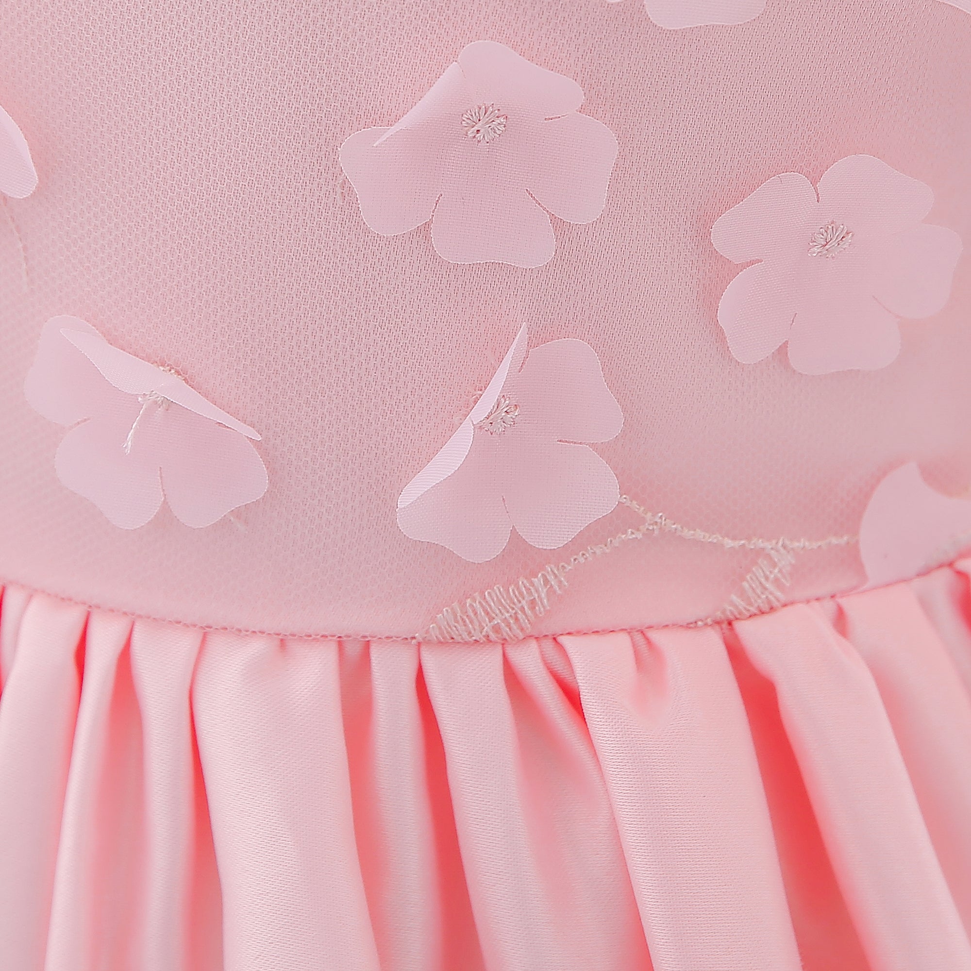 Girls Pink Floral Embroidered Puff Sleeve Bow Detailed Fit & Flare Dress