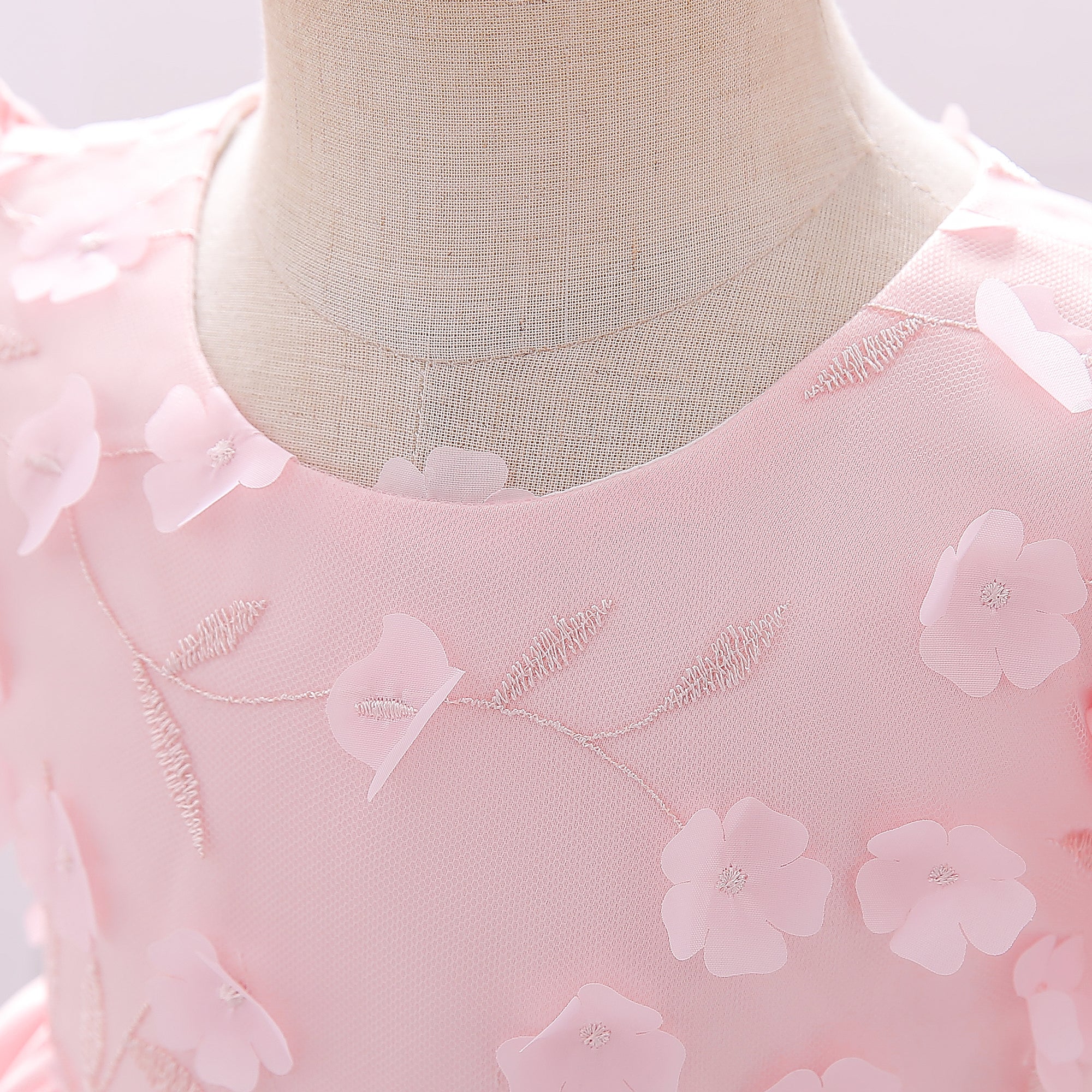 Girls Pink Floral Embroidered Puff Sleeve Bow Detailed Fit & Flare Dress
