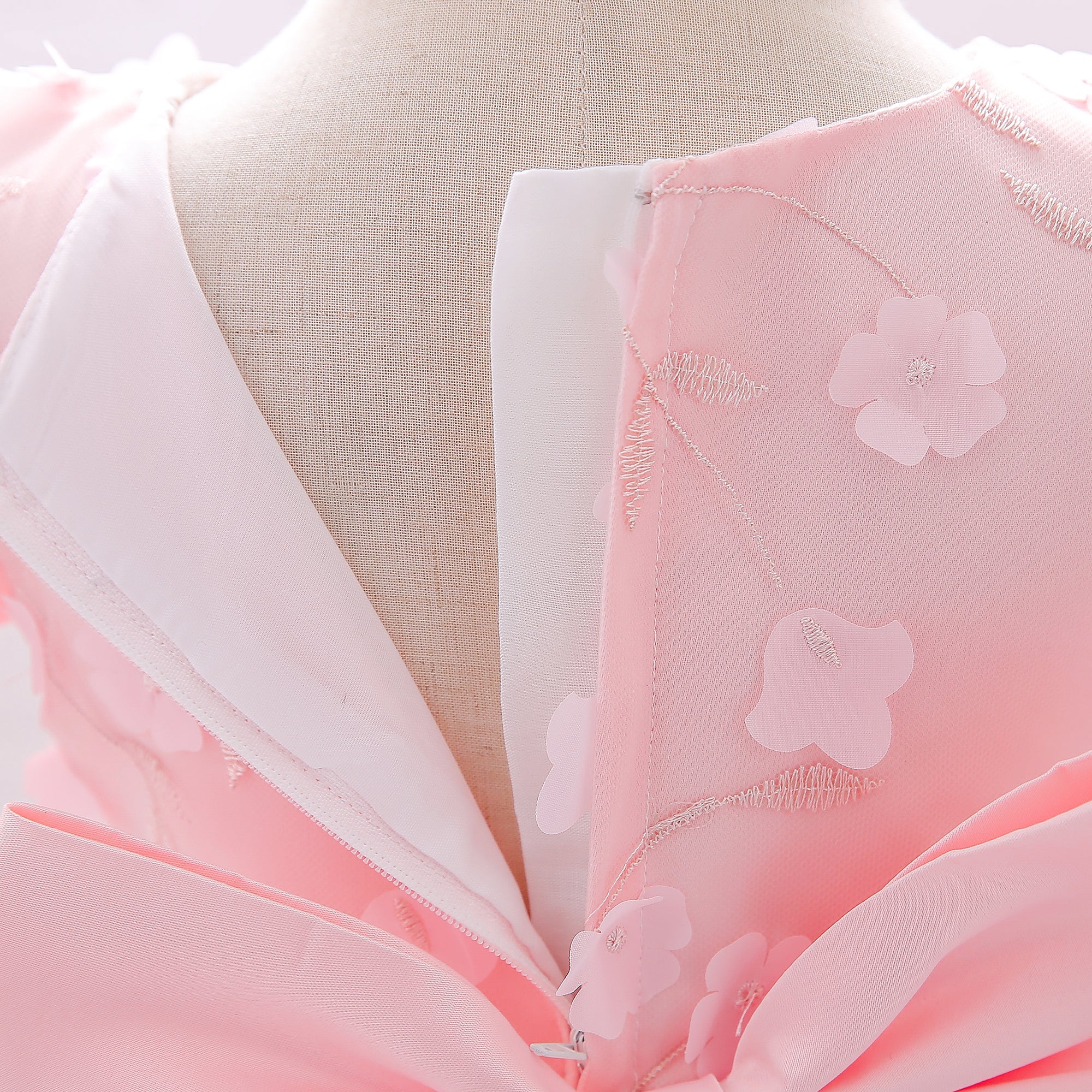 Girls Pink Floral Embroidered Puff Sleeve Bow Detailed Fit & Flare Dress