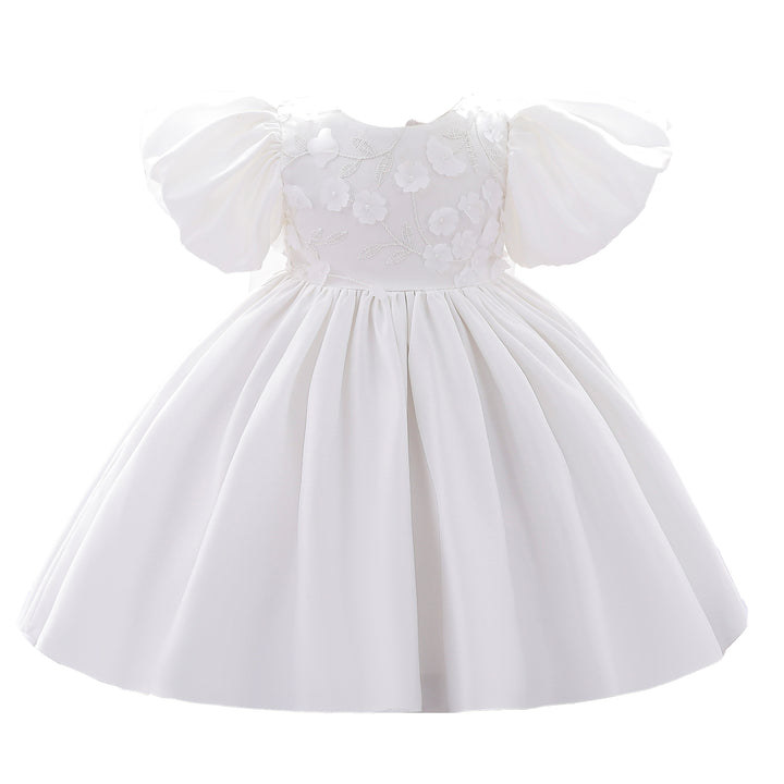 White Puff Sleeve Applique Fit & Flare Party Dress