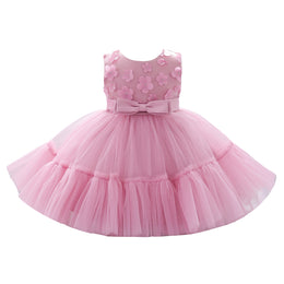 Girls Pink Floral Self Design Bow Detail Tulle Net Fit & Flare Dress