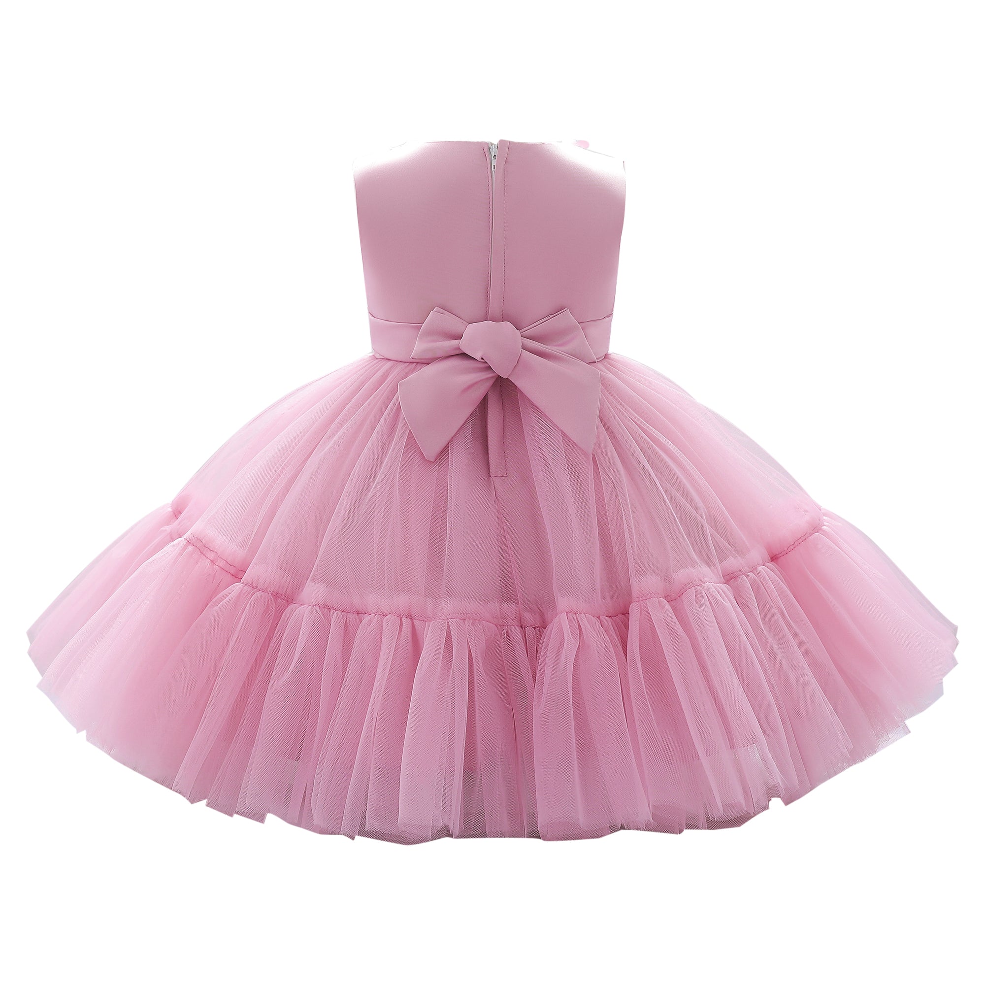Girls Pink Floral Self Design Bow Detail Tulle Net Fit & Flare Dress