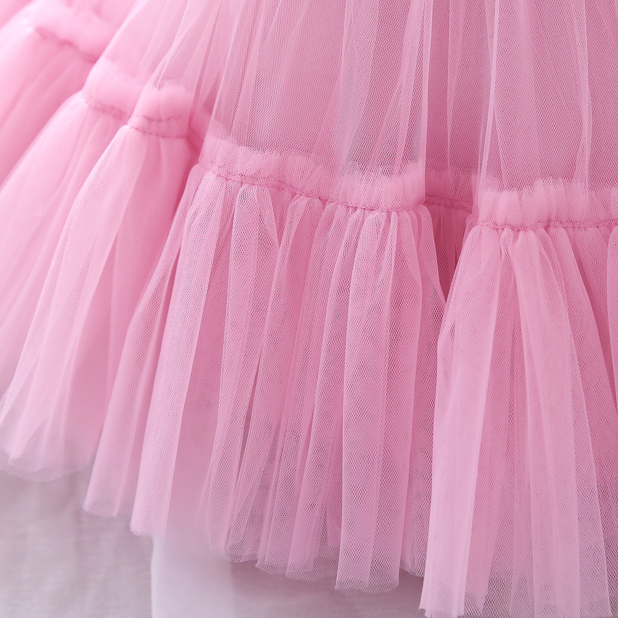 Girls Pink Floral Self Design Bow Detail Tulle Net Fit & Flare Dress