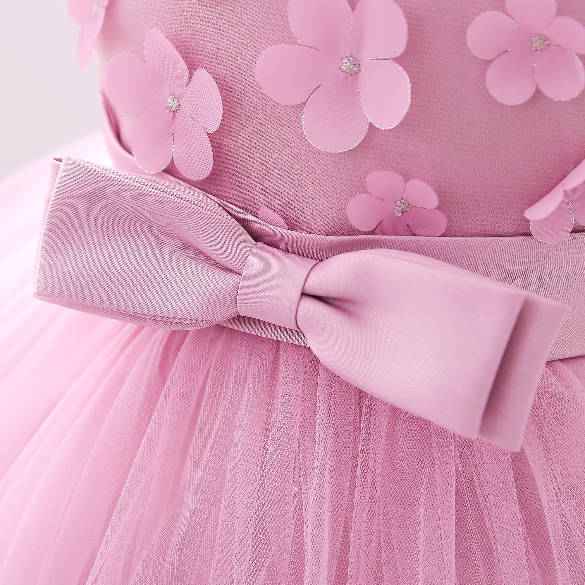 Girls Pink Floral Self Design Bow Detail Tulle Net Fit & Flare Dress