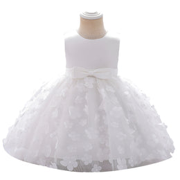 Girls White Floral Self Design Bow Gathered Applique Balloon Dress
