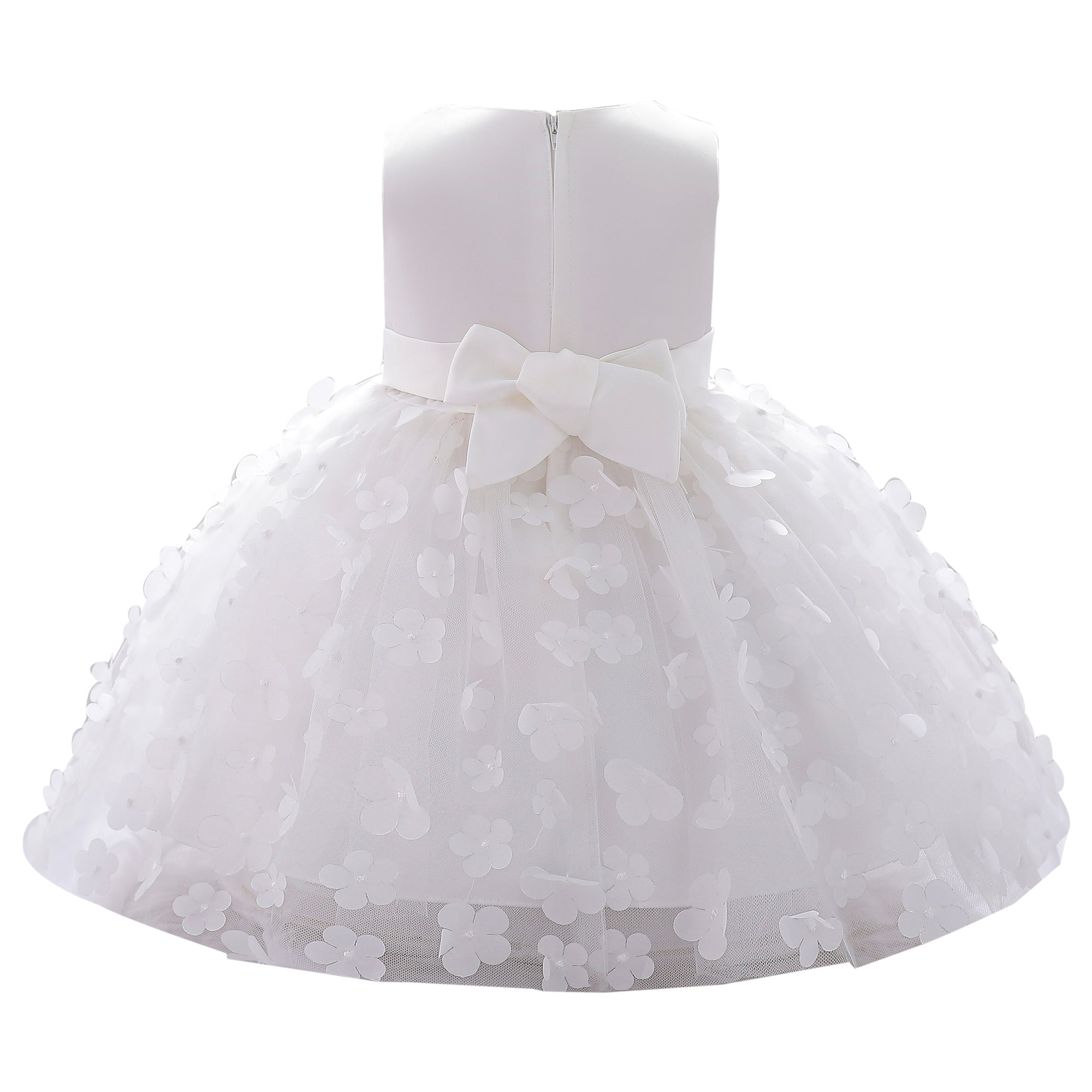 Girls White Floral Self Design Bow Gathered Applique Balloon Dress