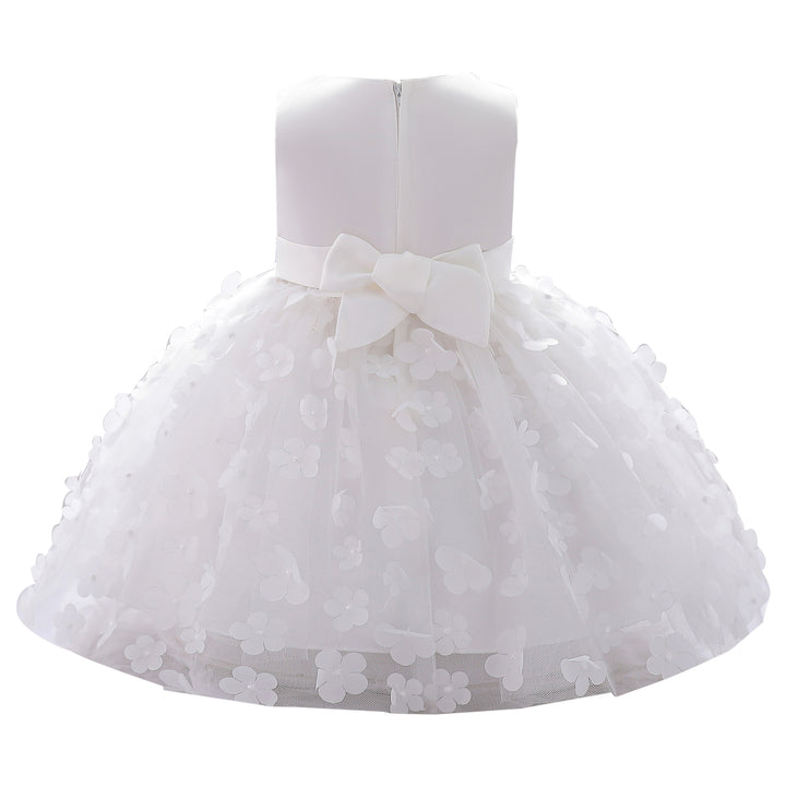 Girls White Floral Self Design Bow Gathered Applique Balloon Dress