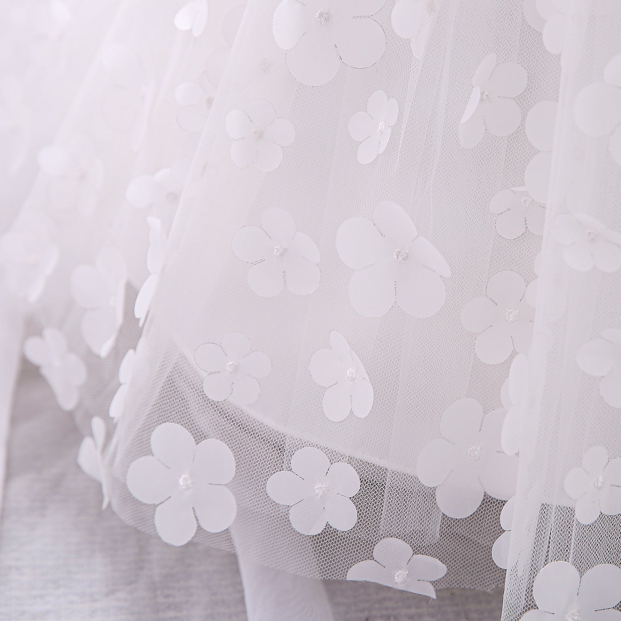 Girls White Floral Self Design Bow Gathered Applique Balloon Dress