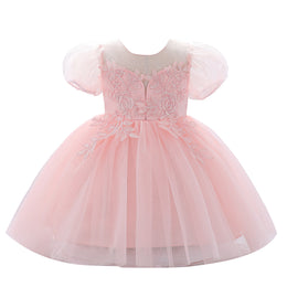 Girls Pink Embellished Puff Sleeve Applique Fit & Flare Dress