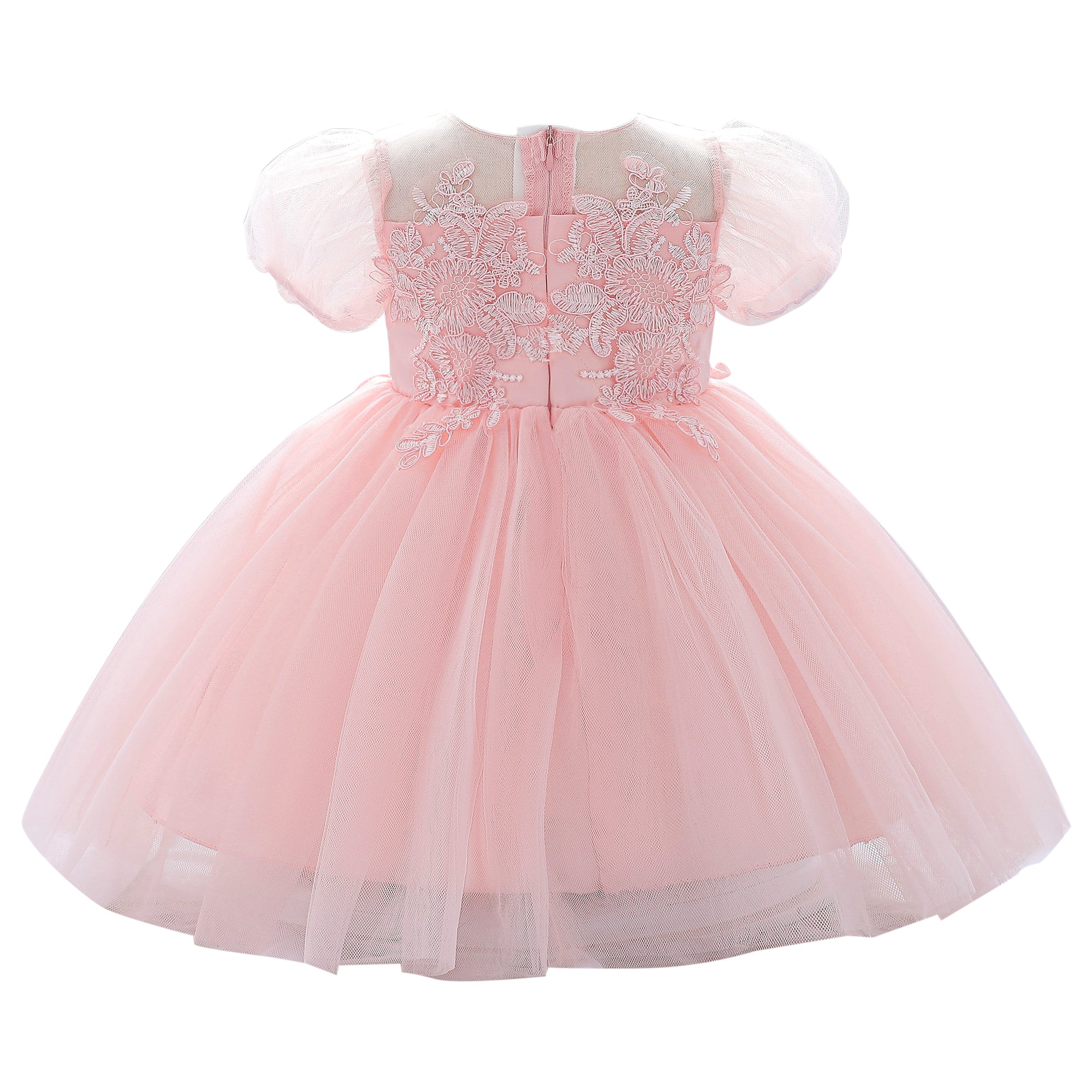 Girls Pink Embellished Puff Sleeve Applique Fit & Flare Dress