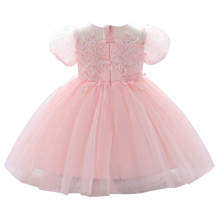 Girls Pink Embellished Puff Sleeve Applique Fit & Flare Dress