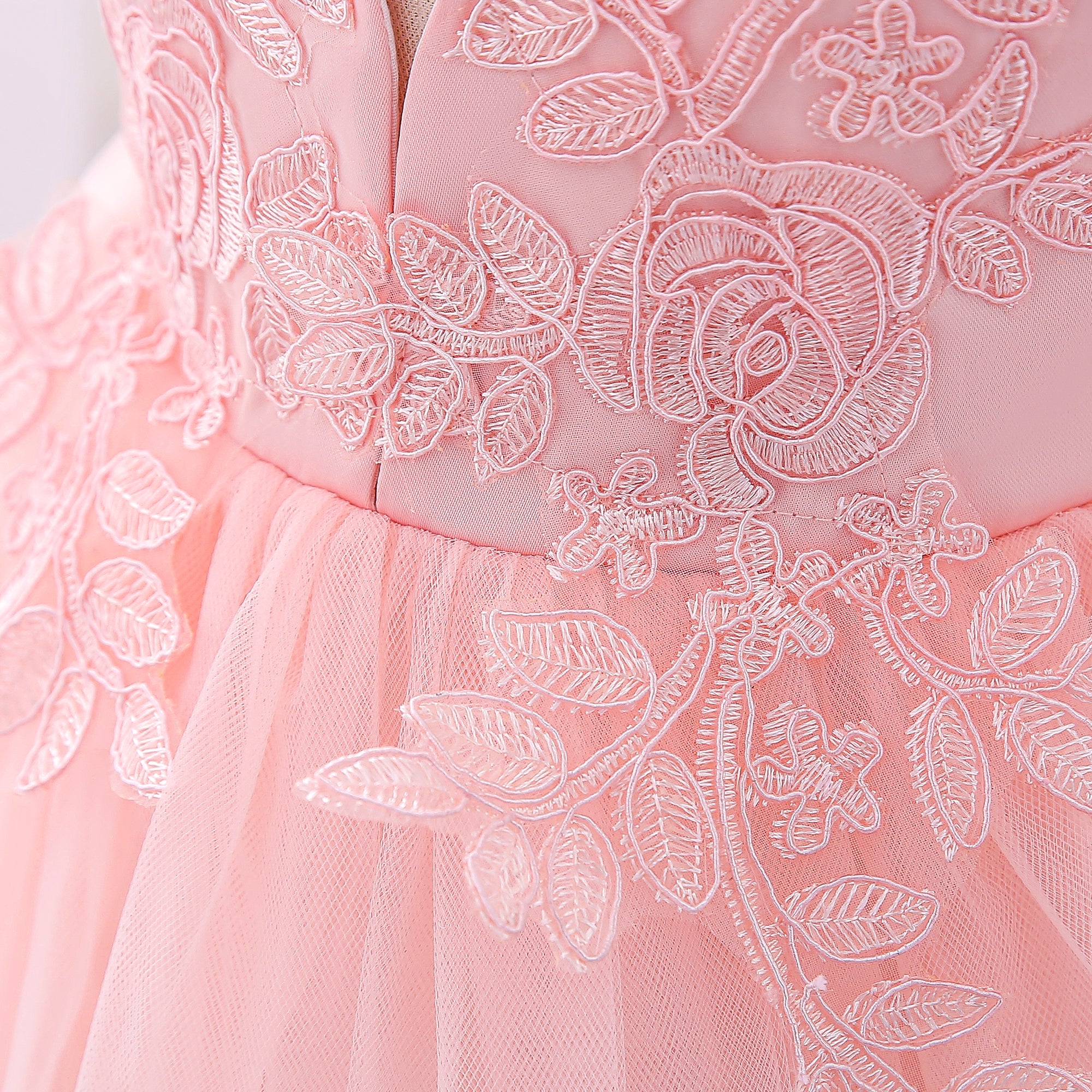 Girls Pink Embellished Puff Sleeve Applique Fit & Flare Dress