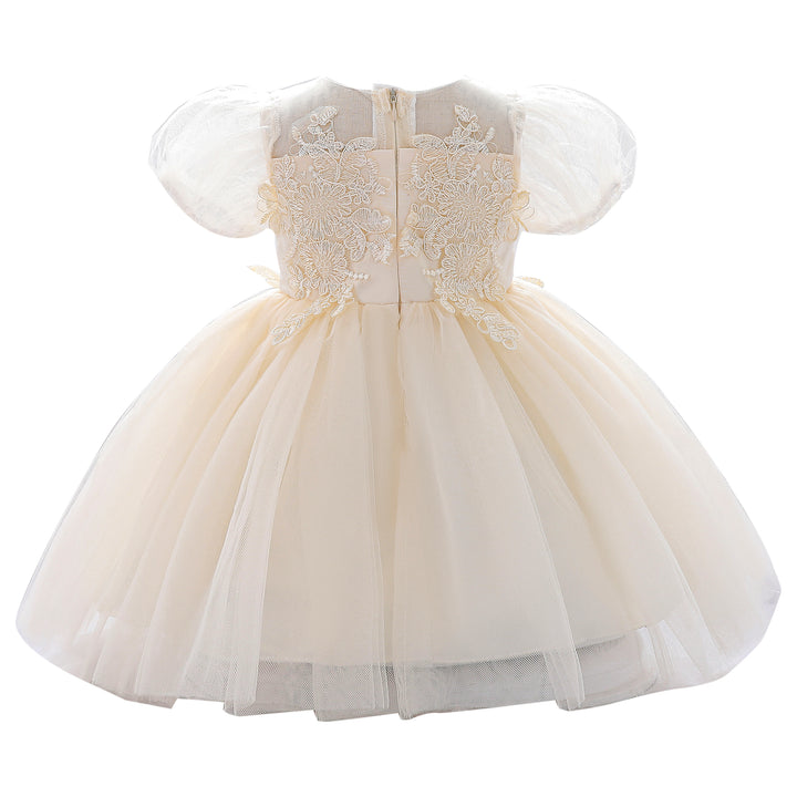 Floral Round Neck Puff Sleeve Applique Fit & Flare Dress
