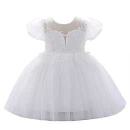 White & glacier gray Floral Embroidered Puff Sleeve Fit & Flare Dress