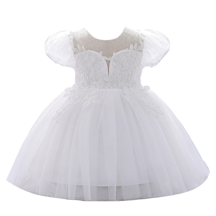 White & glacier gray Floral Embroidered Puff Sleeve Fit & Flare Dress