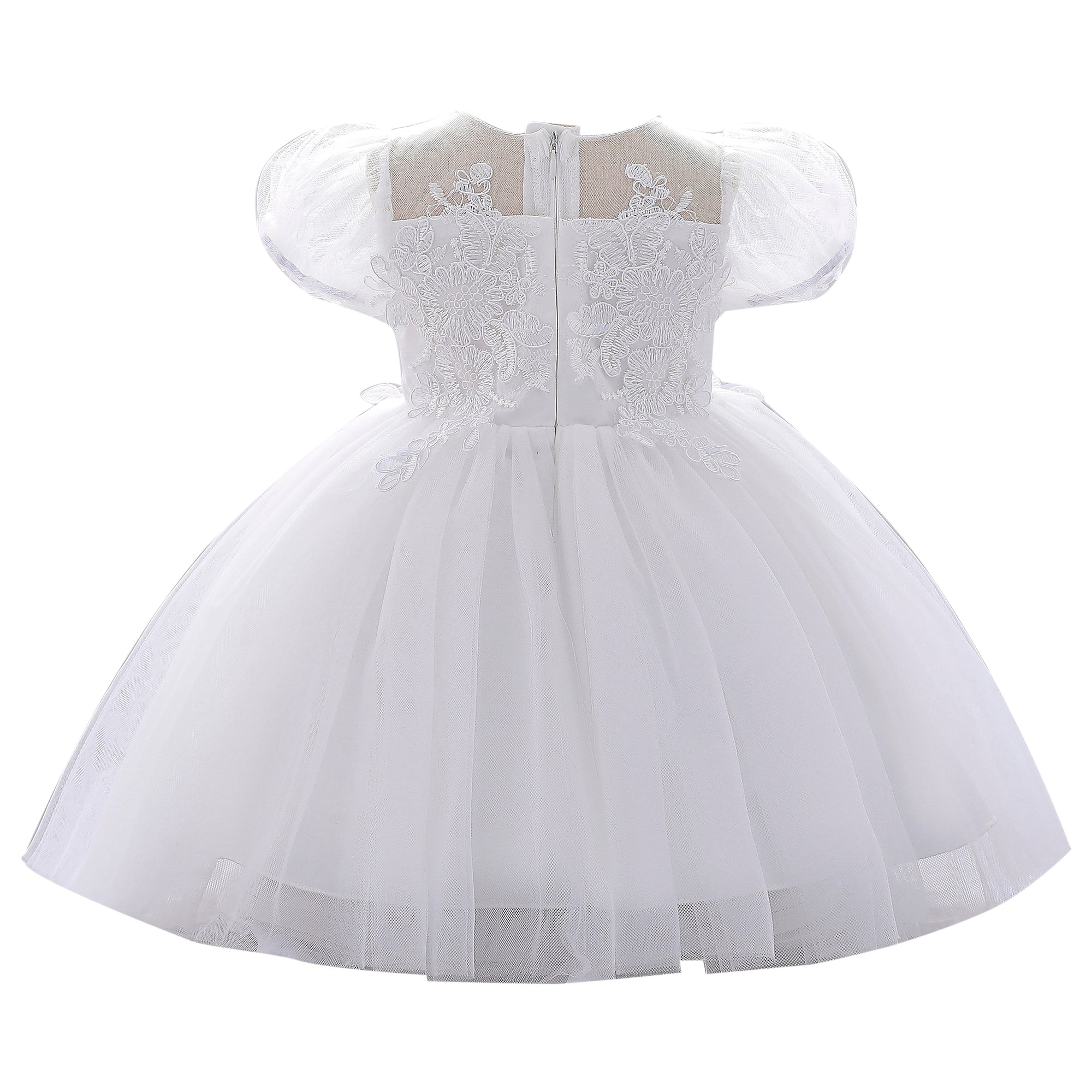 White & glacier gray Floral Embroidered Puff Sleeve Fit & Flare Dress