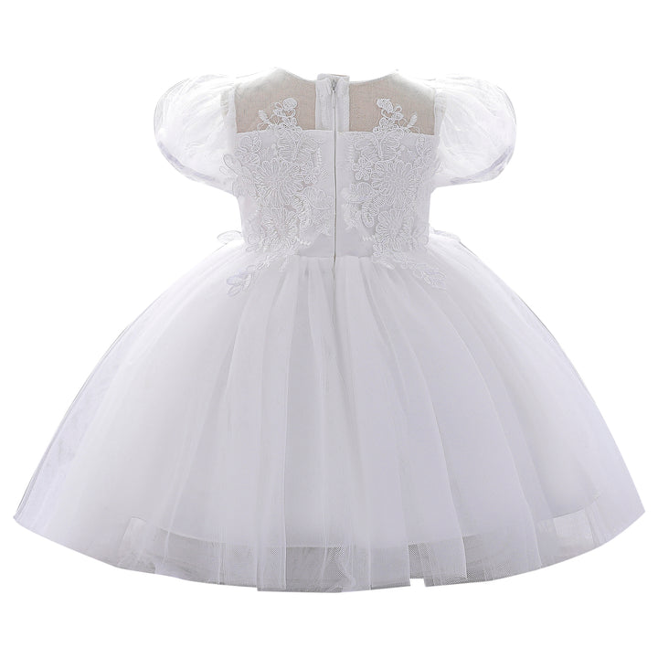 White & glacier gray Floral Embroidered Puff Sleeve Fit & Flare Dress
