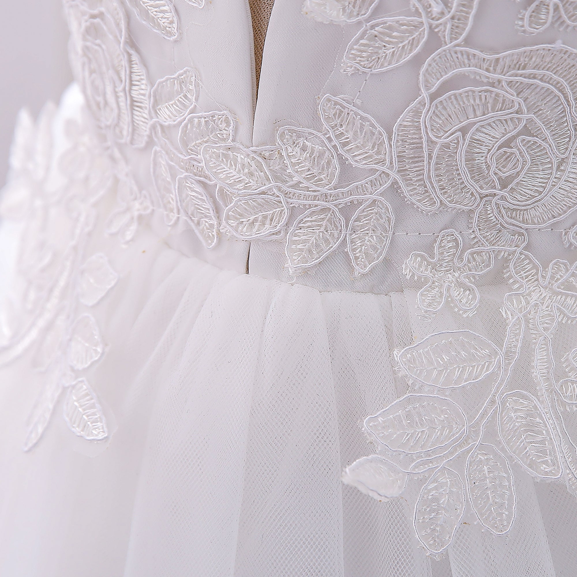White & glacier gray Floral Embroidered Puff Sleeve Fit & Flare Dress