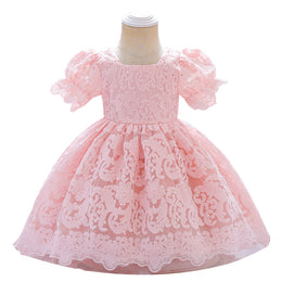 Pink Round Neck Puff Sleeve Fit & Flare Dress