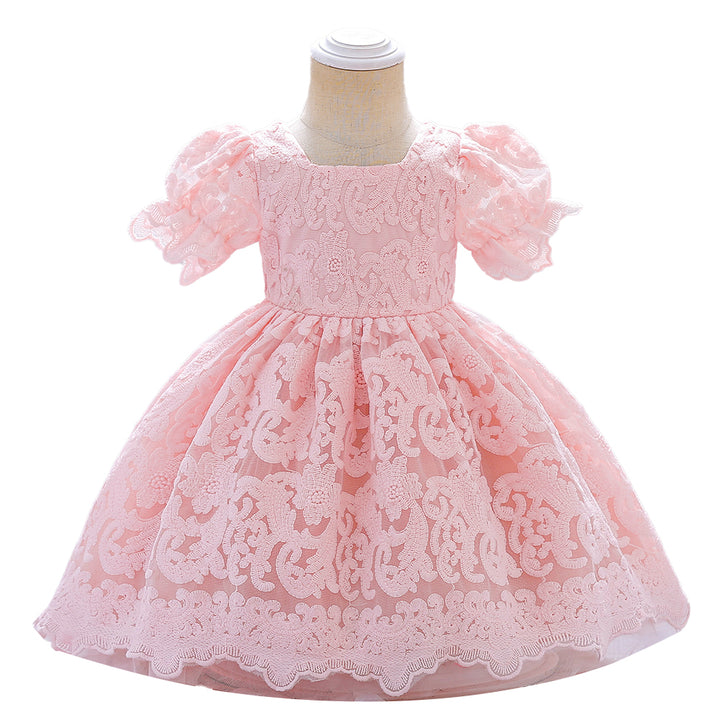 Pink Round Neck Puff Sleeve Fit & Flare Dress