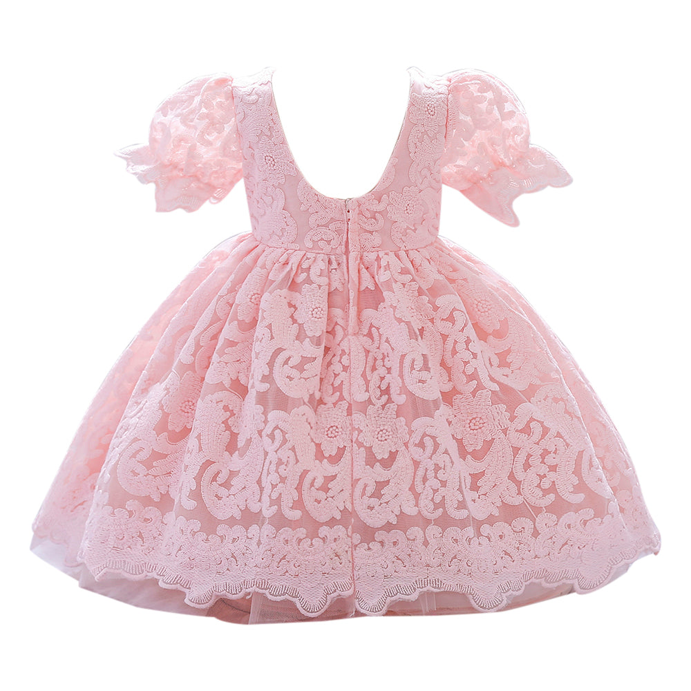 Pink Round Neck Puff Sleeve Fit & Flare Dress